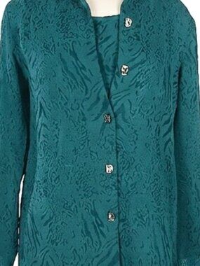 Susan Graver Animal Jacquard Mandarin Collar Blouse and Tank Set Green 1X